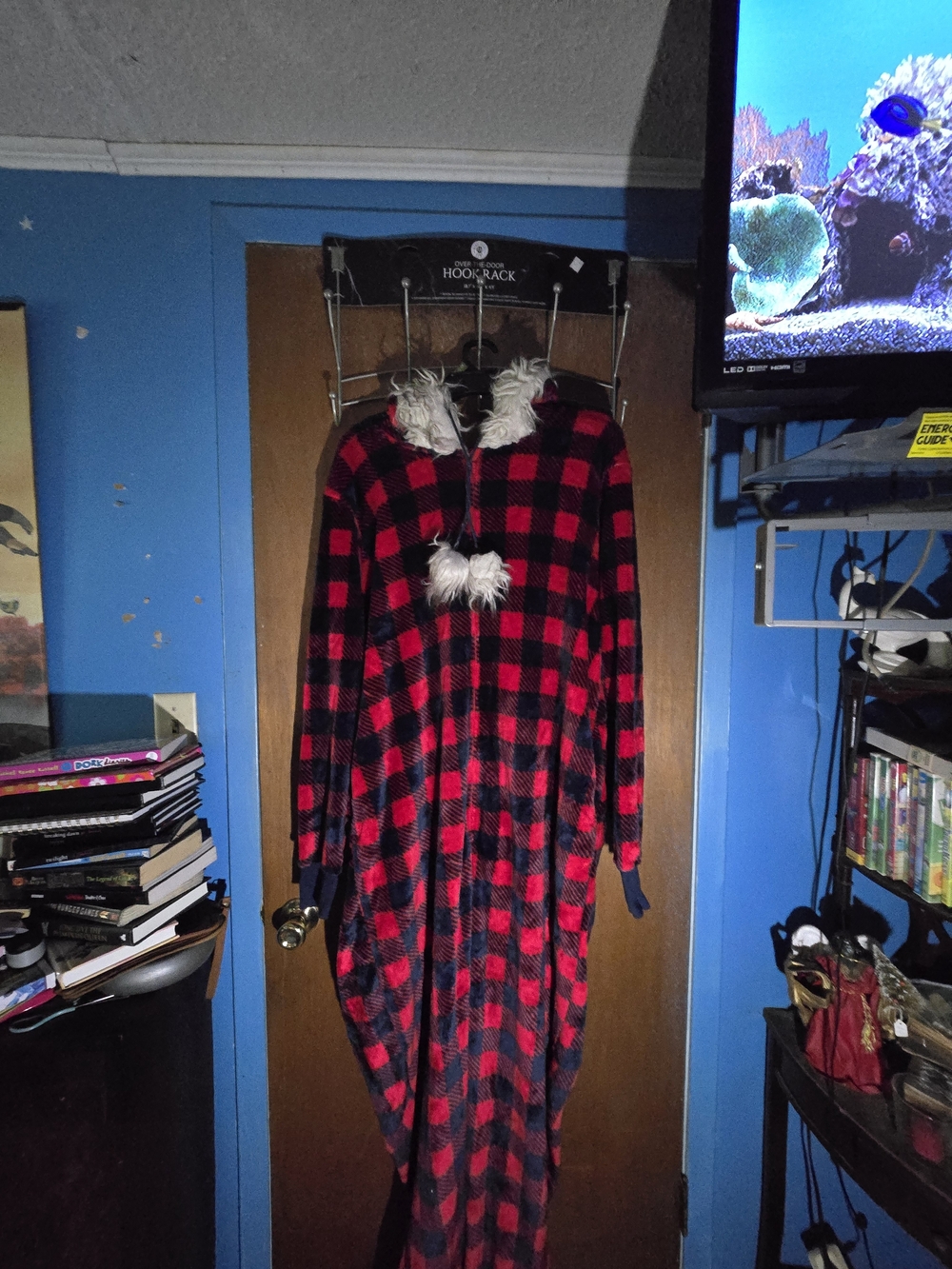 Plaid Red and Blue Hooded Onesie with Fur Pom-Poms